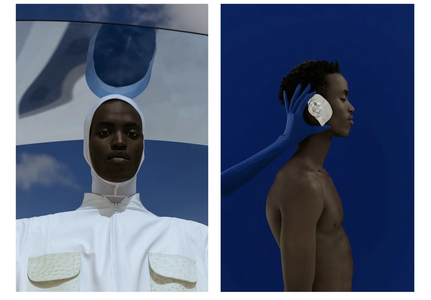 Blue-themed art fashion editorial diptych