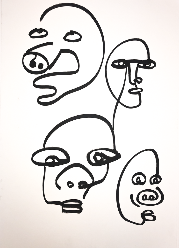 Faces Cascade — ink line drawing on paper