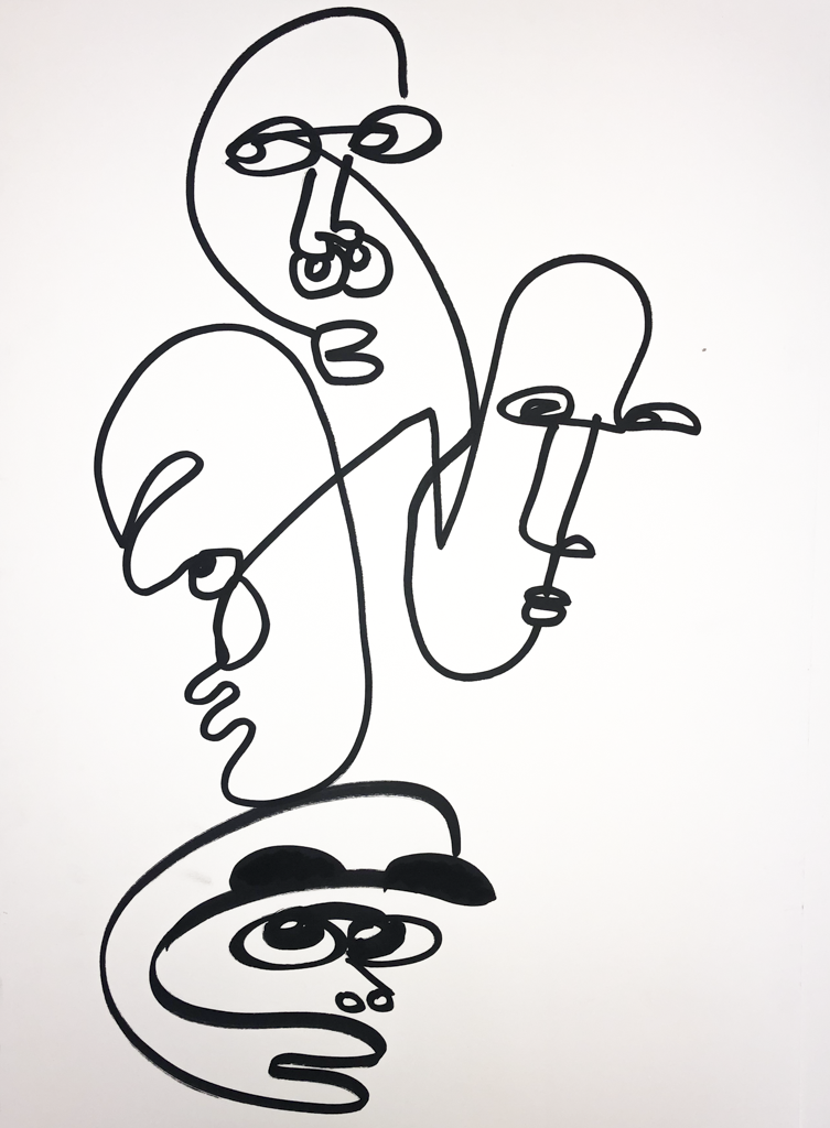 Faces Intertwined — ink line drawing on paper