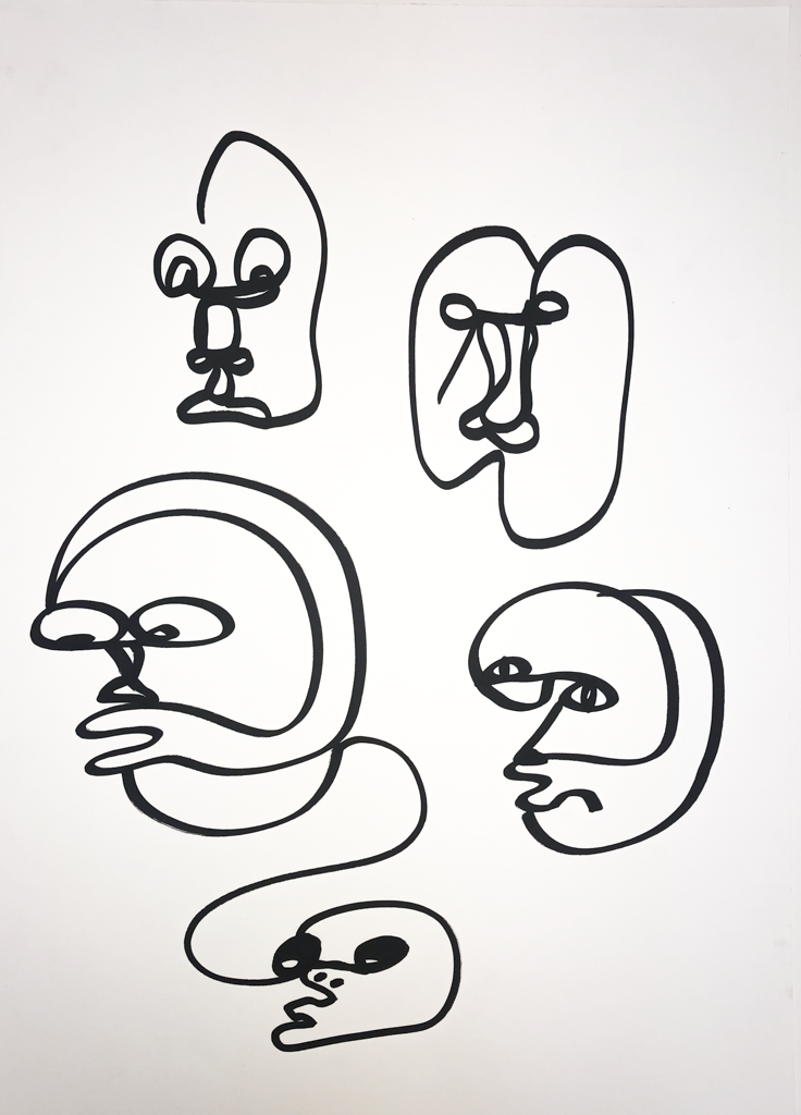 Faces Orbit — ink line drawing on paper